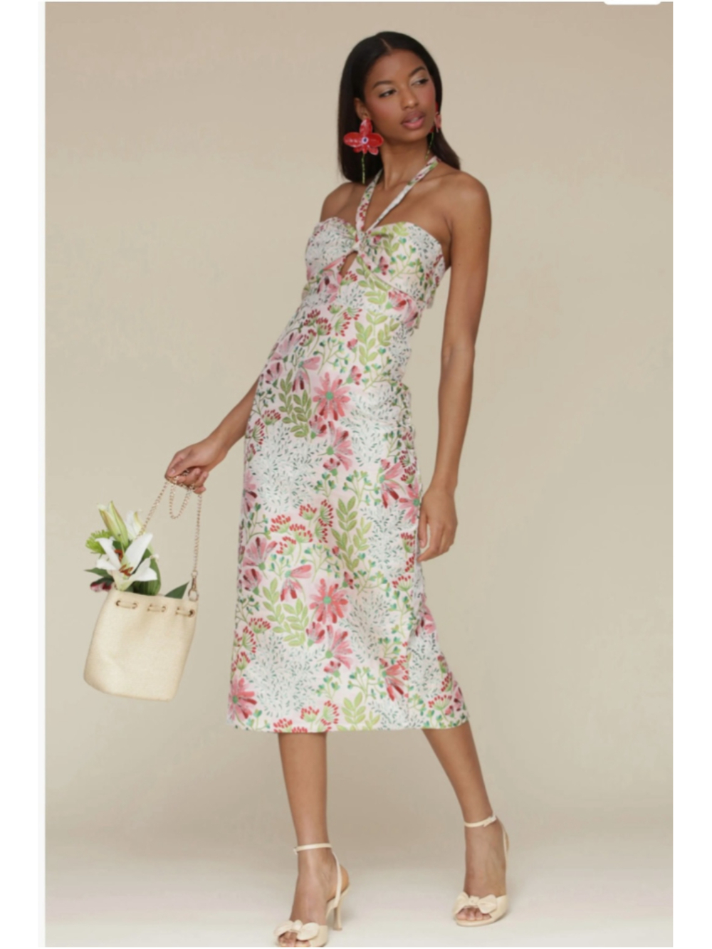 Avec Les Filles Women's Floral Midi Dress, Pink and Green size 4